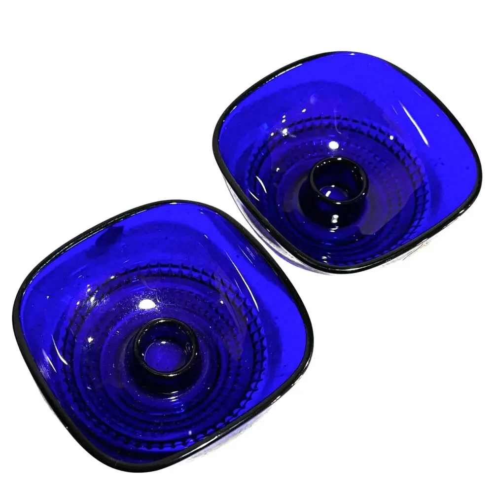 Cobalt blue Scandinavia Sweden Glass bowl candle holders pair AB Nybro Glasbruk